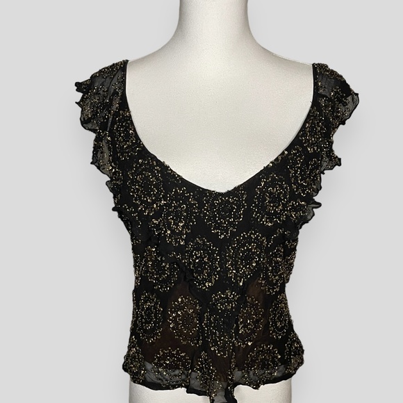 Black Silk with Gold Beading Double V Top Size Medium - Picture 1 of 6